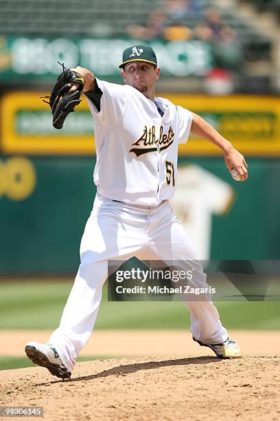 Dallas Braden of the Oakland Athletics pitching during the game against the Tampa Bay Rays at the Oakland Coliseum on May 9, 2010 in Oakland,...