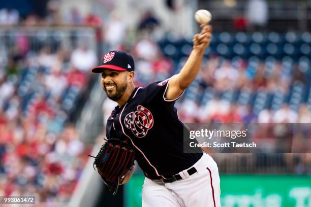 Gio Gonzalez of the Washington Nationals pitches against the Miami Marlins during the second inning at Nationals Park on July 06, 2018 in Washington,...