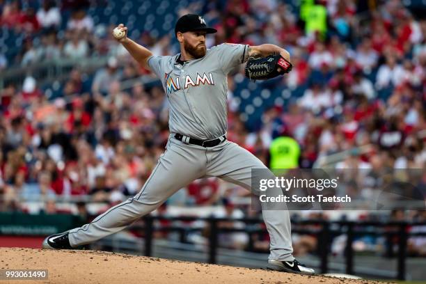 Dan Straily of the Miami Marlins pitches against the Washington Nationals during the third inning at Nationals Park on July 06, 2018 in Washington,...