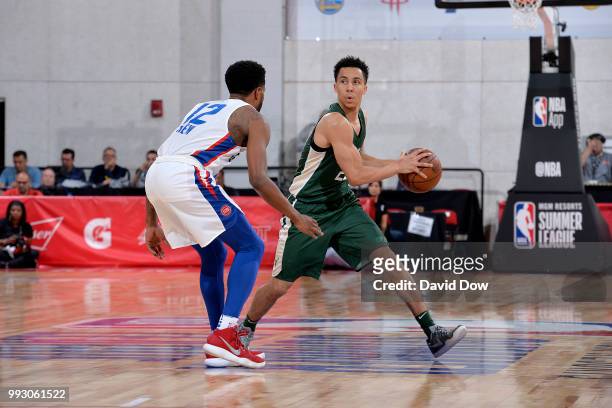 Travis Trice of the Milwaukee Bucks handles the ball against the Detroit Pistons during the 2018 Las Vegas Summer League on July 6, 2018 at the Cox...