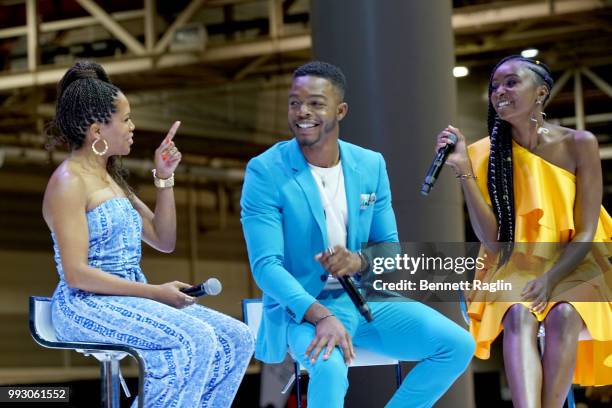 Regina King, Stephan James, and KiKi Layne speak onstage at 'If Beale Street Could Talk' Movie Cast and Filmmakers at Essence Festival 2018 on July...