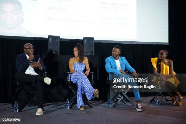 Barry Jenkins, Regina King, Stephan James, and KiKi Layne speak onstage at 'If Beale Street Could Talk' Movie Cast and Filmmakers at Essence Festival...