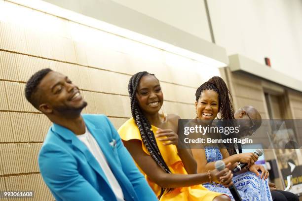 Stephan James, KiKi Layne, Regina King and Barry Jenkins attend 'If Beale Street Could Talk' Movie Cast and Filmmakers at Essence Festival 2018 on...