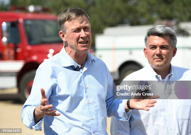 Colorado Governor John Hickenlooper and U.S. Senator Cory Gardner discuss the Spring Fire during a press conference at the Sierra Grande School...