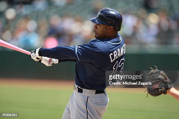 Carl Crawford of the Tampa Bay Rays hitting during the game against the Oakland Athletics at the Oakland Coliseum on May 9, 2010 in Oakland,...