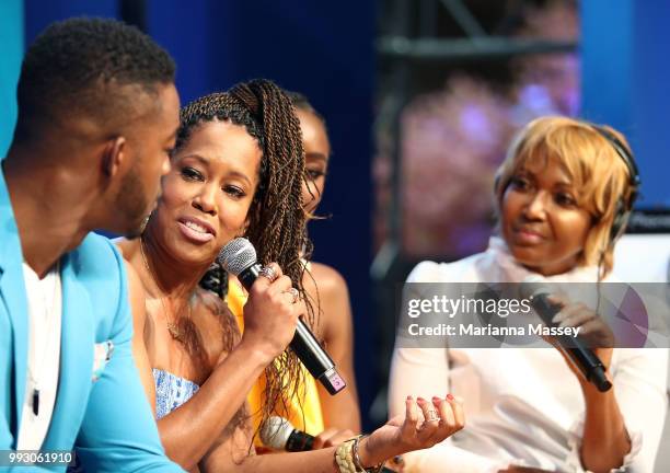 Actress Regina King speaks with hosts Michel Wright and Cayman Kelly during the SiriusXM's Heart & Soul Channel Broadcasts from Essence Festival on...