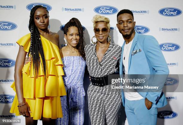 Actress Regina King and Mary J. Blige pose with Kiki Layne and Stephan James during the SiriusXM's Heart & Soul Channel Broadcasts from Essence...