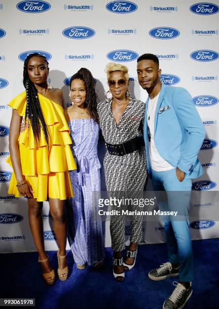 Actress Regina King and Mary J. Blige pose with Kiki Layne and Stephan James during the SiriusXM's Heart & Soul Channel Broadcasts from Essence...