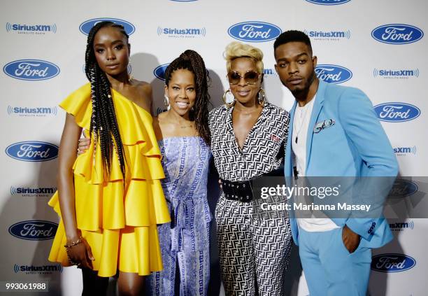 Actress Regina King and Mary J. Blige pose with Kiki Layne and Stephan James during the SiriusXM's Heart & Soul Channel Broadcasts from Essence...