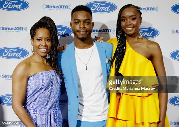 Actress Regina King poses with Kiki Layne and Stephan James during the SiriusXM's Heart & Soul Channel Broadcasts from Essence Festival on July 6,...