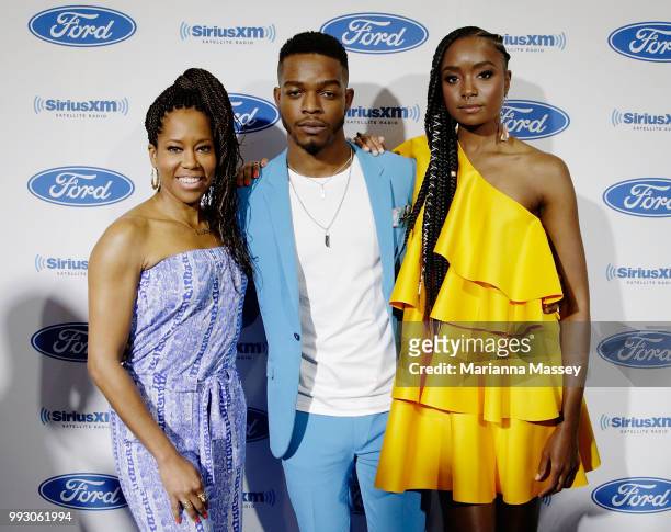 Actress Regina King poses with Kiki Layne and Stephan James during the SiriusXM's Heart & Soul Channel Broadcasts from Essence Festival on July 6,...