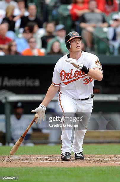 Matt Wieters of the Baltimore Orioles bats against the Seattle Mariners at Camden Yards on May 13, 2010 in Baltimore, Maryland.