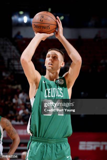 Jarrod Uthoff of the Boston Celtics shoots the ball against the Philadelphia 76ers during the 2018 Las Vegas Summer League on July 6, 2018 at the...