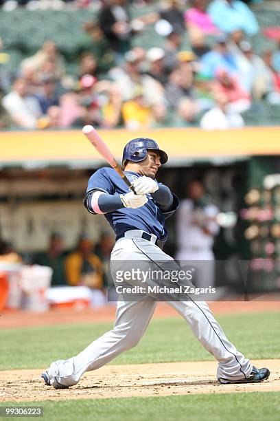 Carlos Pena of the Tampa Bay Rays hitting during the game against the Oakland Athletics during at the Oakland Coliseum on May 9, 2010 in Oakland,...