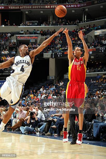 Kevin Martin of the Houston Rockets makes a jumpshot against Sam Young of the Memphis Grizzlies during the game at the FedExForum on April 6, 2010 in...