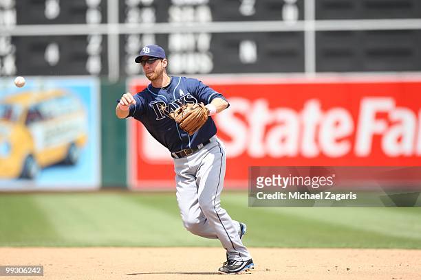 Ben Zobrist of the Tampa Bay Rays fielding during the game against the Oakland Athletics at the Oakland Coliseum on May 9, 2010 in Oakland,...