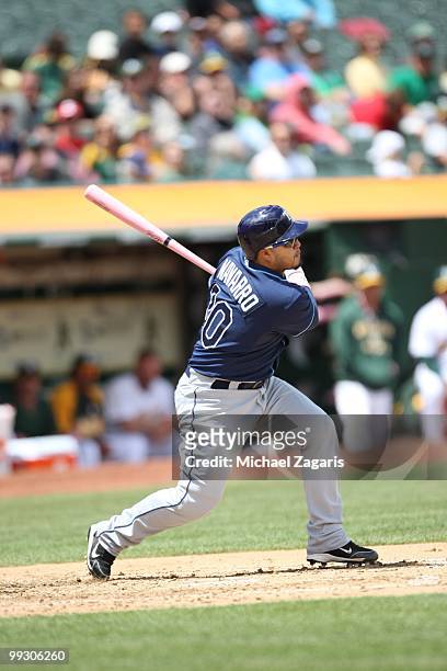 Dioner Navarro of the Tampa Bay Rays hitting during the game against the Oakland Athletics at the Oakland Coliseum on May 9, 2010 in Oakland,...