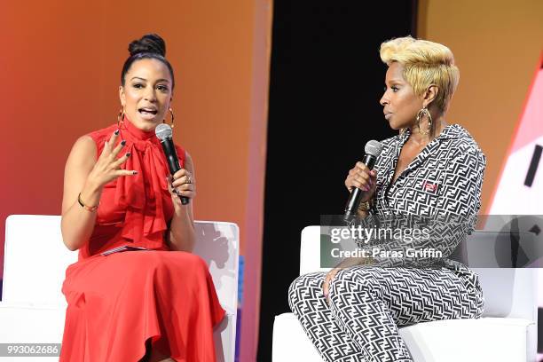 Angela Rye and Mary J. Blige speak onstage during the 2018 Essence Festival presented by Coca-Cola at Ernest N. Morial Convention Center on July 6,...