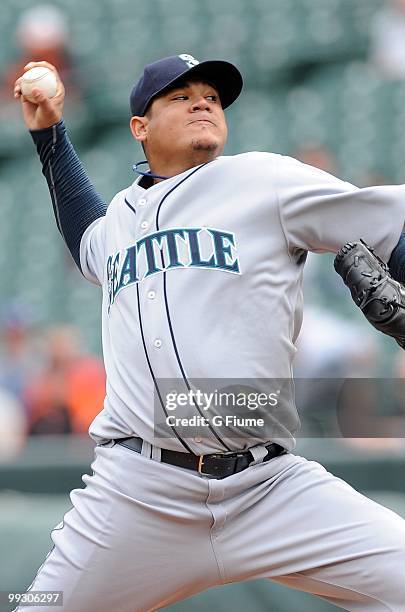 Felix Hernandez of the Seattle Mariners pitches against the Baltimore Orioles at Camden Yards on May 13, 2010 in Baltimore, Maryland.