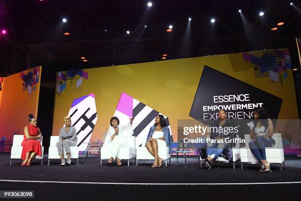 Angela Rye, Mary J. Blige, Maxine Waters, Alencia Johnson, Queen Latifah and Remy Ma speak onstage during the 2018 Essence Festival presented by...