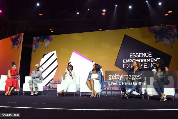 Angela Rye, Mary J. Blige, Maxine Waters, Alencia Johnson, Queen Latifah and Remy Ma speak onstage during the 2018 Essence Festival presented by...