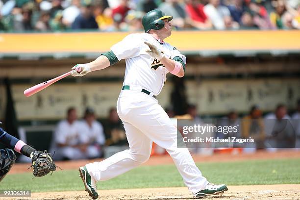 Landon Powell of the Oakland Athletics hitting during the game against the Tampa Bay Rays at the Oakland Coliseum on May 9, 2010 in Oakland,...