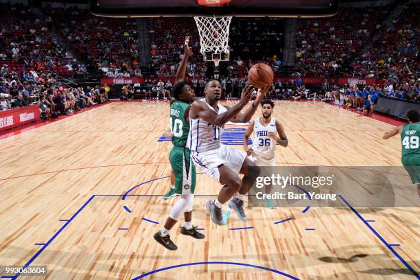 Demetrius Jackson of the Philadelphia 76ers shoots the ball against the Boston Celtics during the 2018 Las Vegas Summer League on July 6, 2018 at the...