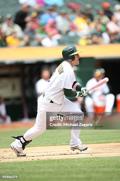 Cliff Pennington of the Oakland Athletics hitting during the game against the Tampa Bay Rays at the Oakland Coliseum on May 9, 2010 in Oakland,...