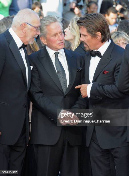 Actors Frank Langella, Michael Douglas and Josh Brolin attend the Premiere of 'Wall Street: Money Never Sleeps' held at the Palais des Festivals...