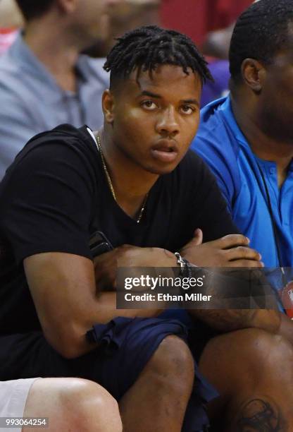 Markelle Fultz of the Philadelphia 76ers watches a 2018 NBA Summer League game between the 76ers and the Boston Celtics at the Thomas & Mack Center...