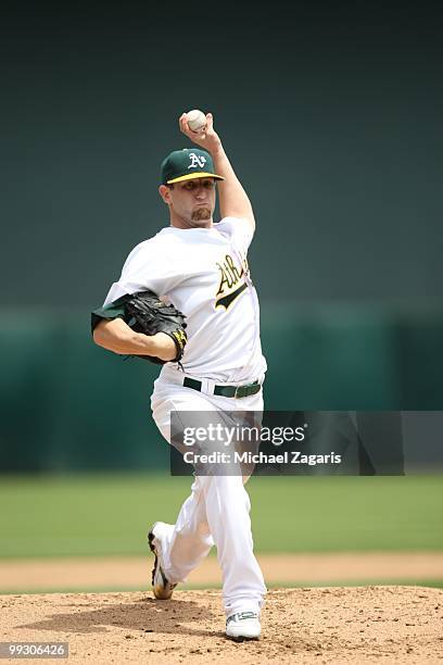 Dallas Braden of the Oakland Athletics pitching during the game against the Tampa Bay Rays at the Oakland Coliseum on May 9, 2010 in Oakland,...