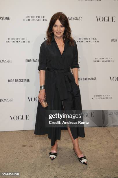 Iris Berben attends the VOGUE Fashion Party at Kunstareal am Weissensee on July 6, 2018 in Berlin, Germany.