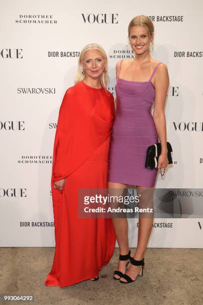 Christiane Arp and Toni Garrn attend the VOGUE Fashion Party at Kunstareal am Weissensee on July 6, 2018 in Berlin, Germany.