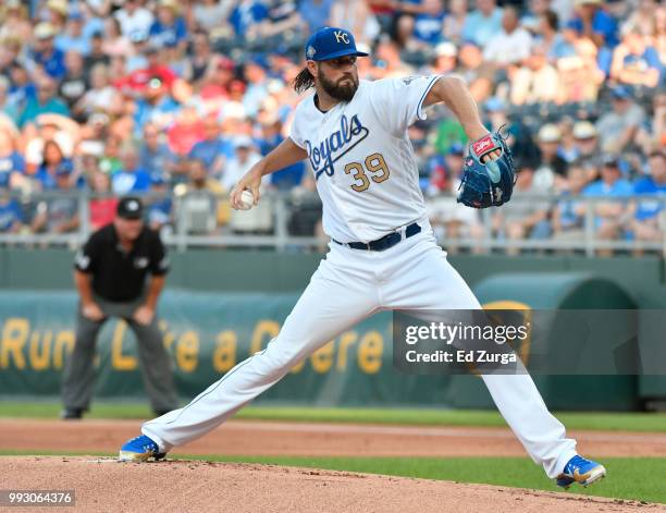 Jason Hammel of the Kansas City Royals throws in the first inning against the Boston Red Sox at Kauffman Stadium on July 6, 2018 in Kansas City,...