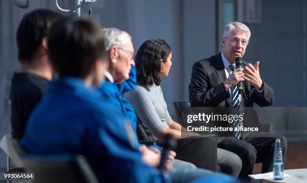 Coordinator Thomas Reiter speaks during a discussion round at the aerospace conference 'New Goals in Space' in Stuttgart, Germany, 7 November 2017....