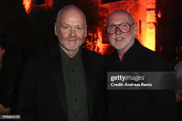 Otto Droegsler and Joerg Ehrlich attend the VOGUE Fashion Party at Kunstareal am Weissensee on July 6, 2018 in Berlin, Germany.