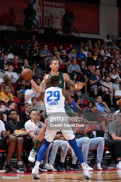 Wilson of the Milwaukee Bucks passes the ball against the Detroit Pistons during the 2018 Las Vegas Summer League on July 6, 2018 at the Cox Pavilion...