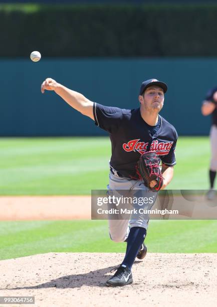 Trevor Bauer of the Cleveland Indians pitches during the game against the Detroit Tigers at Comerica Park on May 16, 2018 in Detroit, Michigan. The...