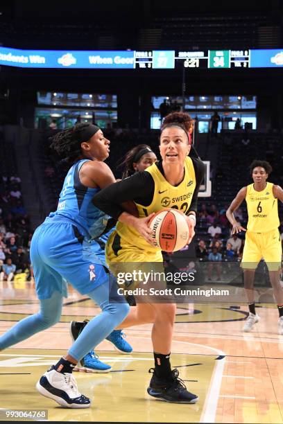 Alysha Clark of the Seattle Storm handles the ball against the Atlanta Dream on July 6, 2018 at Hank McCamish Pavilion in Atlanta, Georgia. NOTE TO...