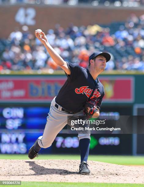 Trevor Bauer of the Cleveland Indians pitches during the game against the Detroit Tigers at Comerica Park on May 16, 2018 in Detroit, Michigan. The...