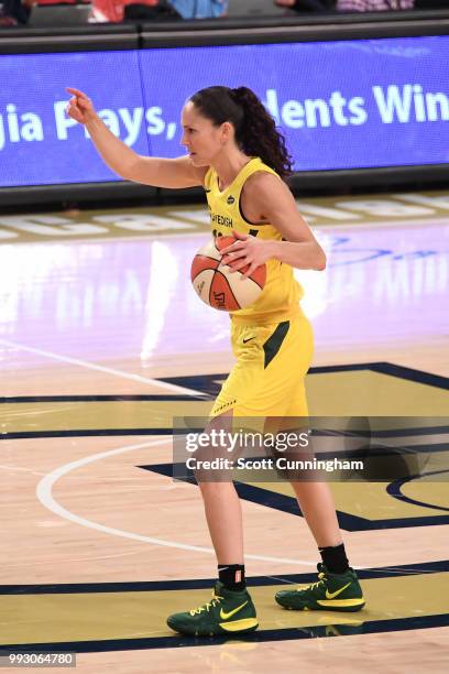 Sue Bird of the Seattle Storm handles the ball against the Atlanta Dream on July 6, 2018 at Hank McCamish Pavilion in Atlanta, Georgia. NOTE TO USER:...