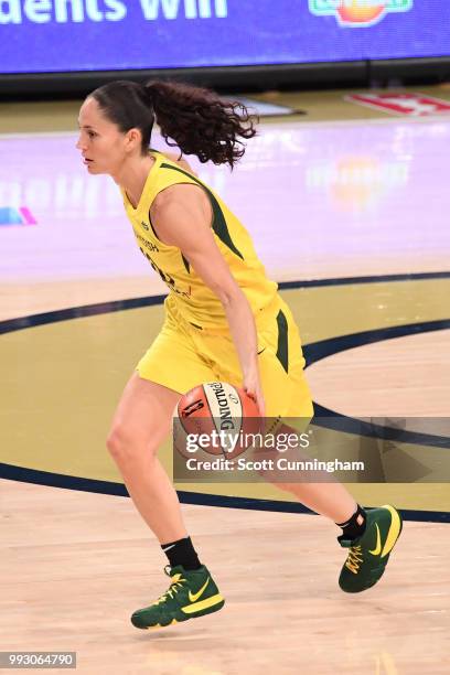 Sue Bird of the Seattle Storm handles the ball against the Atlanta Dream on July 6, 2018 at Hank McCamish Pavilion in Atlanta, Georgia. NOTE TO USER:...