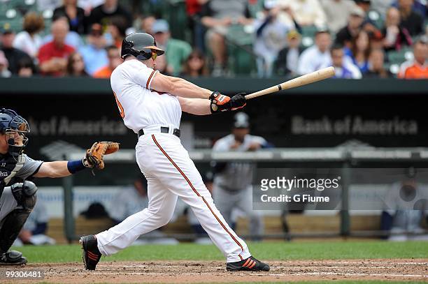 Luke Scott of the Baltimore Orioles bats against the Seattle Mariners at Camden Yards on May 13, 2010 in Baltimore, Maryland.