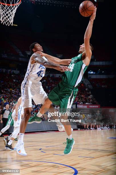 Jarrod Uthoff of the Boston Celtics shoots the ball against the Philadelphia 76ers during the 2018 Las Vegas Summer League on July 6, 2018 at the...