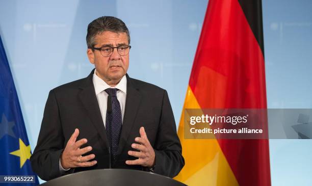 Minister of Foreign Affairs Sigmar Gabriel speaks after a meeting with representatives of the central council of Yazidi in Germany at the ministry of...