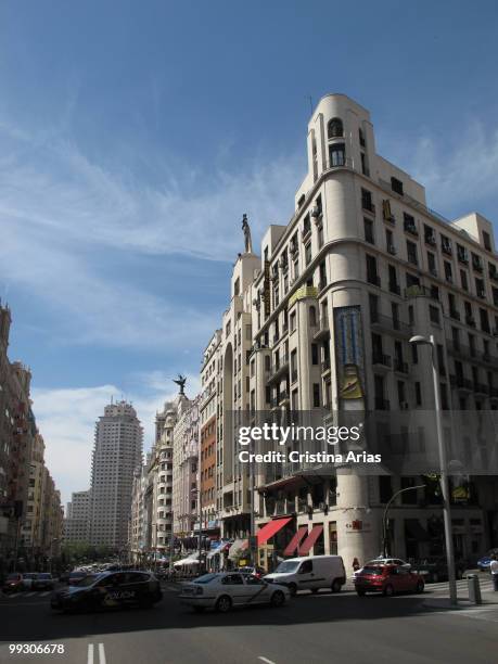 Third stage of Gran Via Street, junction of San Bernardo St, Madrid, Spain, April 2010 .