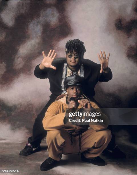 Studio portrait of American hiphop duo PM Dawn, Chicago, Illinois, February 18, 1993. Pictured are brothers Prince Be and DJ Minutemix .