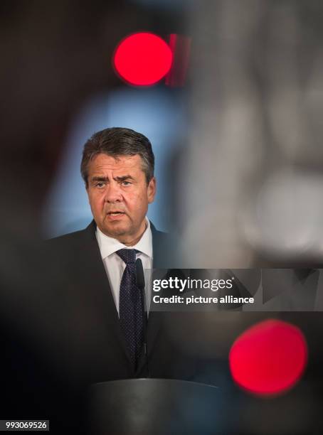 Minister of Foreign Affairs Sigmar Gabriel speaks after a meeting with representatives of the central council of Yazidi in Germany at the ministry of...