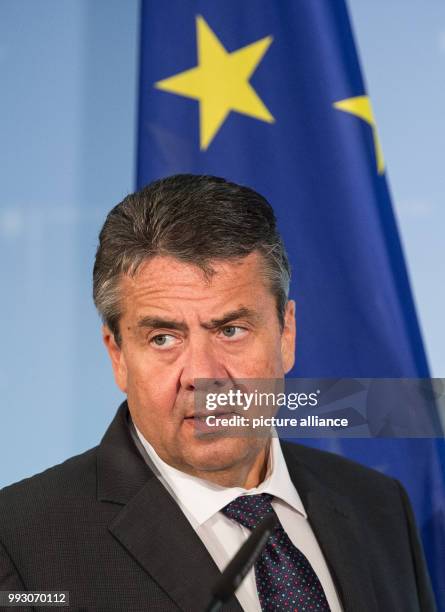 German Minister of Foreign Affairs, Sigmar Gabriel speaks during a press conference on humanitarian crisis, following his meeting with...