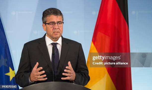 German Minister of Foreign Affairs, Sigmar Gabriel speaks during a press conference on humanitarian crisis, following his meeting with...